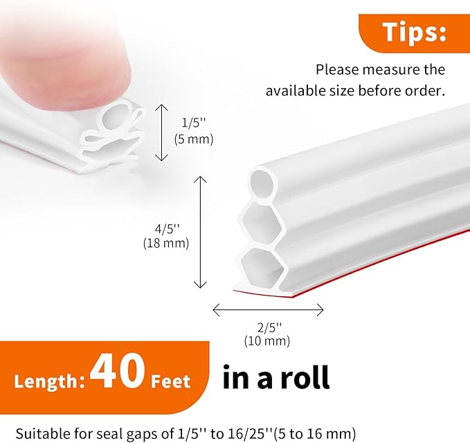 40 Feet Self-Adhesive Rubber Weather Stripping Fits Big Gaps, Extra Thick Rubber Door Weather Stripping Door Seal Strip for Door Frame Door Insulation Strip Waterproof(White)