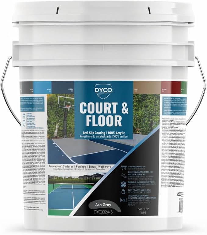 DYCO Court & Floor Anti-Slip Coating - Slip-Resistant Pavement, Cement & Concrete Paint for Pickleball, Tennis & Basketball Courts, Exceeds ADA Standards for Safety Areas (Ash Gray, 5 Gallons)