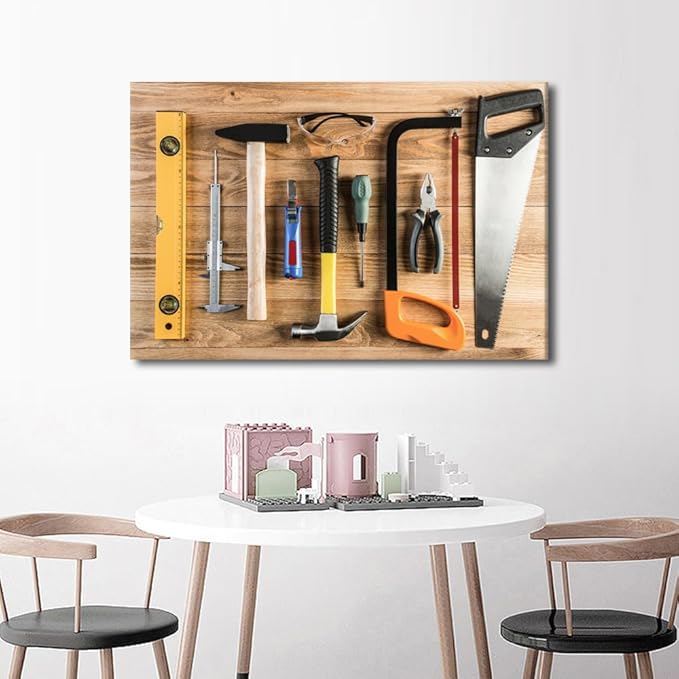 Hammer and Ruler Picture 1 Panels Large Wall Art for Living Room Wall Decor Assorted Work Tools on Wood Poster, Canvas Supermarket Hotel Restaurant Office Wall Decoration Ready to Hang (24"Wx36"H)