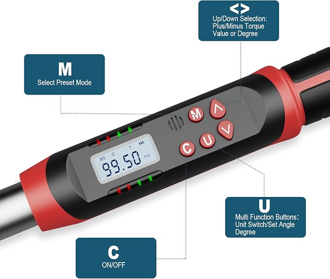 Leolee 3/8-Inch Drive Digital Torque Wrench with Angle, 5-99.5 Ft-Lb | 6.8-135Nm, ±2% Accuracy, Preset Value, Data Storage, Buzzer, LED Flash Notification, for Automotive, Motorcycle Engine Repair