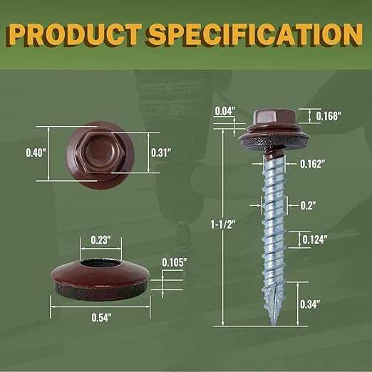 LIONMAX Metal Roofing Screws #10 x 1-1/2 Inch, 300-PCS, Brown Painted Hex Head Sheet Metal Roof Screws, Rubber Washer, Sharp Point, Metal to Wood Siding Screws, Hex Socket Included