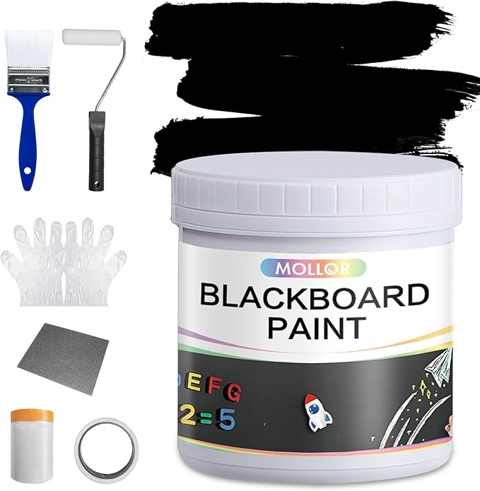 Chalkboard Paint Black Chalk Board Paint for Wall, Wood, Metal, Glass, Plaster Boards Sign, Frame or Any Surface, Use with Chalk Pen Wet Erase, Non-Toxic, Quick-Dry - 1000g, 32Oz Cover 130 sf