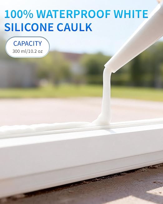 Silicone Caulk & Sealant White, 100% Waterproof Silicone Sealant, Shrink & Crack Proof, Silicone Caulking for Kitchen, Bathroom, RV, Interior & Exterior Use, 10.2 FL. OZ/300ML, 12 Pack