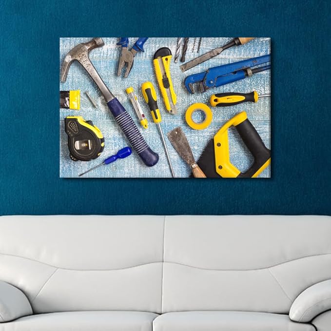 Large Wall Art for Living Room Repairman Maintenance and Housework Project Tools on Workshop Desk Top View Poster, Canvas Supermarket Hotel Tool Room Hardware Store Wall Decor 1 Panels (24"Wx36"H)
