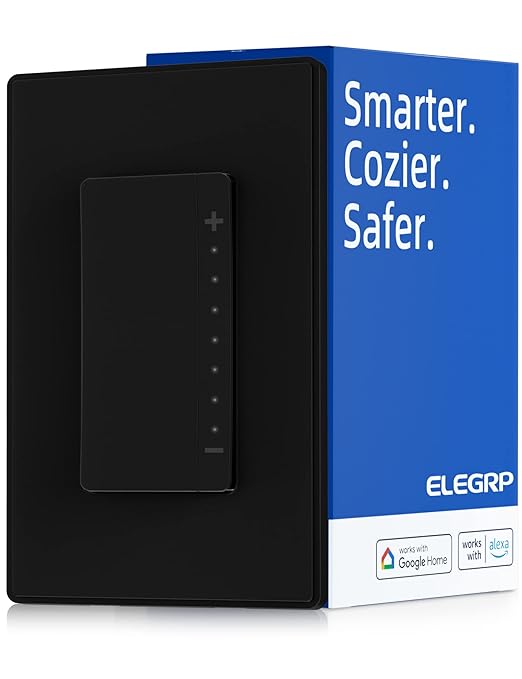 ELEGRP Single Pole Smart Dimmer Light Switch DPR10, 2.4GHz Wi-Fi Dimmer Switch Compatible with Alexa and Google Assistant, Needs Neutral Wire, No Hub Required, UL Listed, Matte Black, 1 Pack