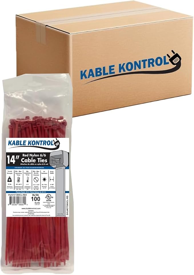 Kable Kontrol Cable Zip Ties, 14 Inch, 6000 Pcs, 50lbs Test, Red | Nylon Plastic, Self Locking, UL Listed, Indoor Use