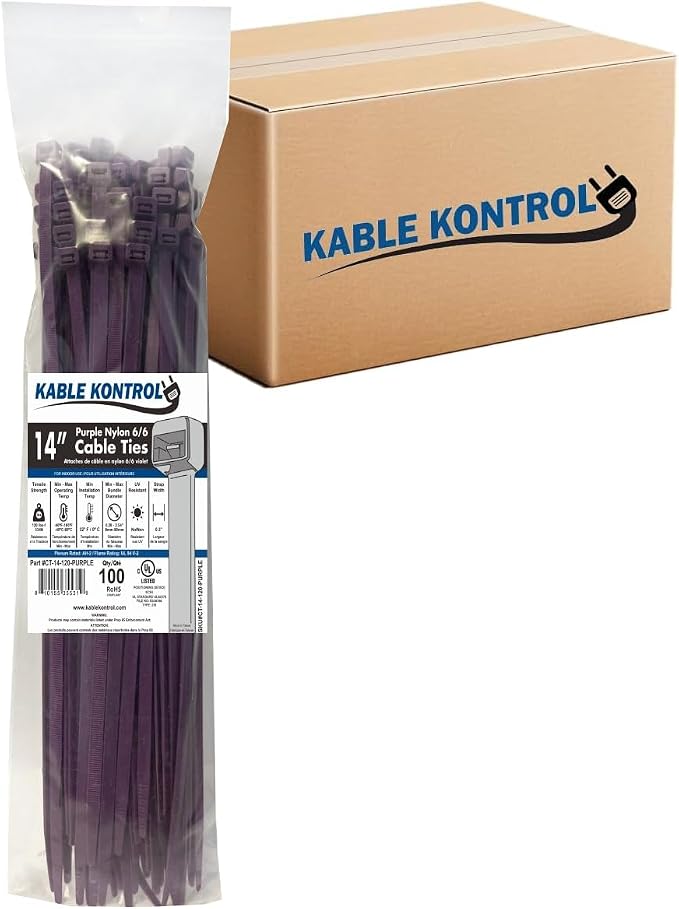 Kable Kontrol Cable Zip Ties, 14 Inch, 3500 Pcs, HD 120lbs Test, Purple | Nylon Plastic, Self Locking, UL Listed, Indoor Use