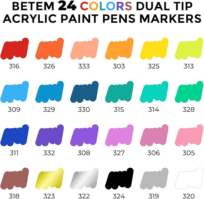 Betem 24 Colors Dual Tip Acrylic Paint Markers, Fabric Decorating Kits Premium Water-Based Acrylic Paint Pens Art Supplies for Fabric, Rock, Wood, Glass, Canvas, Ceramic, Teacher Appreciation Gift