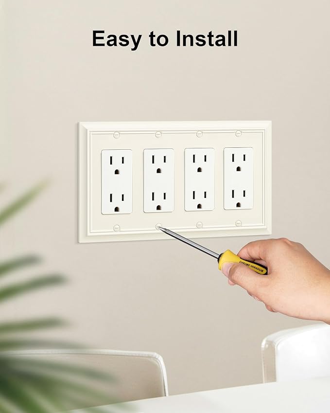 2-Pack Quad Decorator Wall Plate, Light Almond Decorative Switch Plates and Outlet Covers, Natural Bamboo Fiber 4 Gang Wall Plate for Electrical Outlets, Receptacle, GFCI Outlet, Dimmer Switch