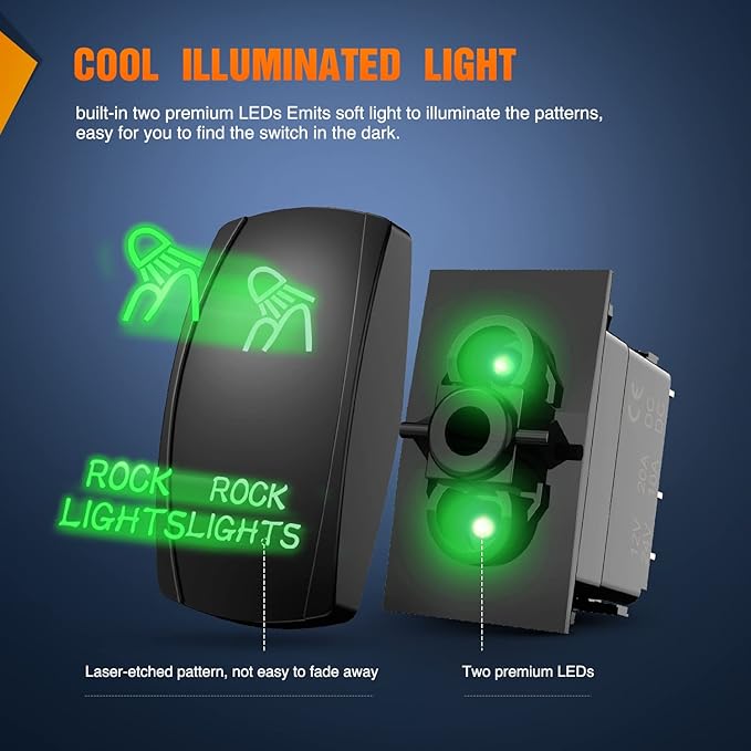Nilight Rock Lights Rocker Switch Led Light Bar Switch 5Pin Laser On Off SPST switches 20A/12V 10A/24V Switch Green with Jumper Wires Set for Cars Trucks RVs,2 Years Warranty