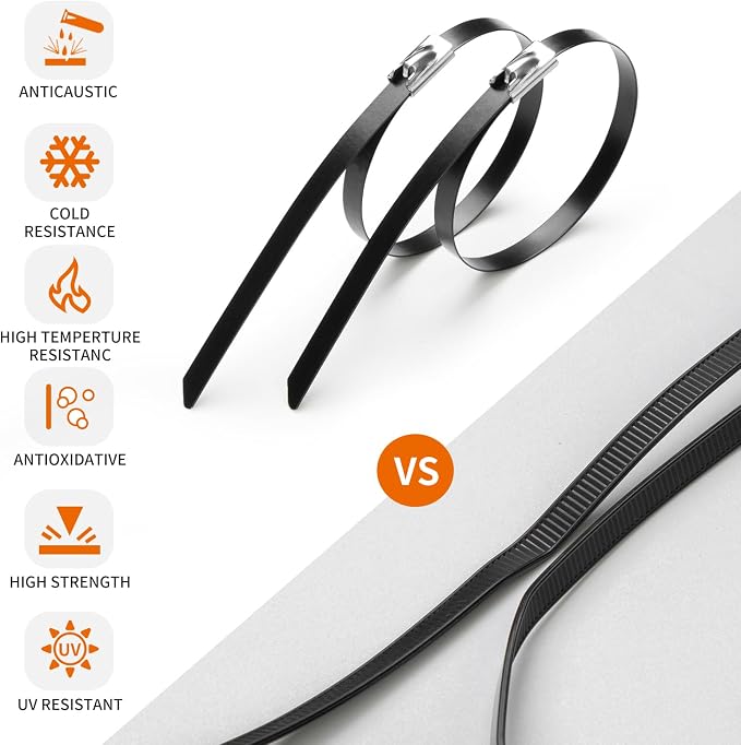 BethTie Stainless Steel Cable Tie Gun Set, with 300PCS Black Metal Zip Ties (100 Each of 6, 8, 11.8 Inch), Adjustable Fastening Cutting Tie Tool Sets for Fencing, Exhaust Pipes, Automotive