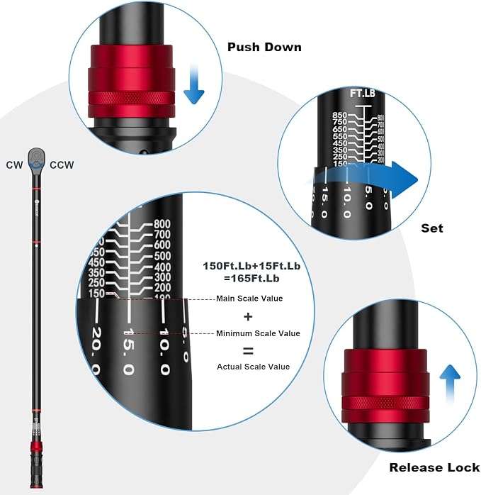 3/4-inch Drive Click Torque Wrench, 100-850ft.lb/135.5-1151.8Nm | ±3% Accuracy, Heavy Duty Torque Wrench, Professional, Dual Direction Adjustable, 48-Tooth, for Truck & Tractor Maintenance