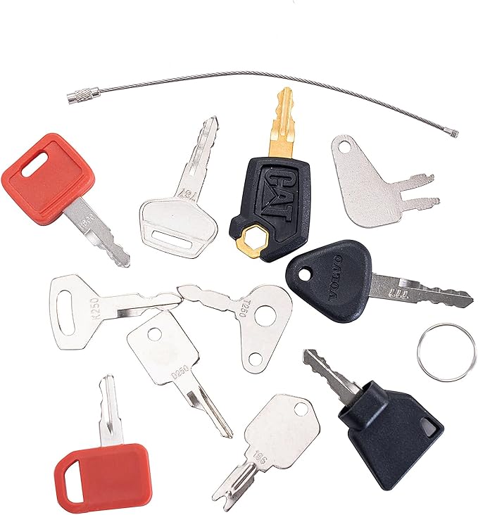 11-Piece Heavy Equipment Key Set - Master Keys Compatible with Excavators, Loaders, Tractors - Works on CAT, John Deere, Komatsu, Kubota, JCB, Case, Bobcat, JLG & More Emergency Backup Kit