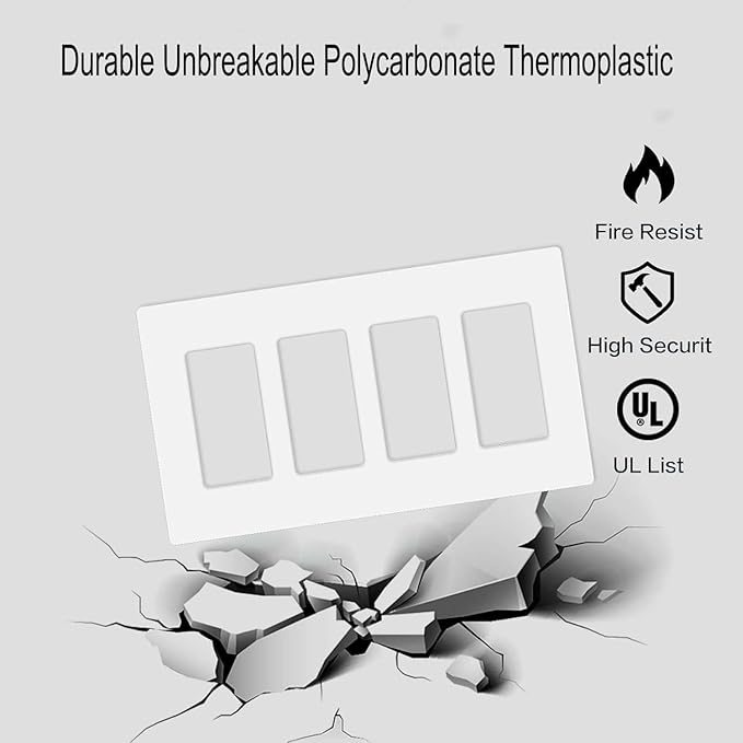 Screwless Decorator Wall Plates 4-Gang Switch Outlet Electrical Cover Plate Unbreakable Thermoplastic Faceplate for Decorative Receptacle Outlet Switch, White (4 Pack)