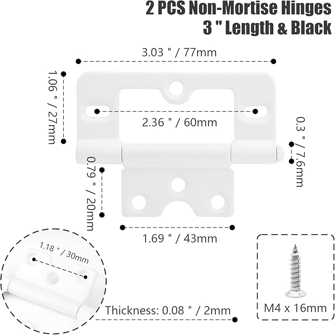 8PCS Non-Mortise Hinges 3 inch White Door Hinges with Mounting Screws, Chest Hinges Heavy Duty Bifold Door Hinges Iron Cabinet Hinges, Precision Butt Hinge for Furniture Windows Cupboard