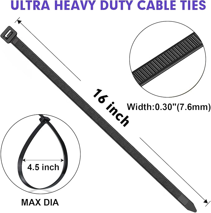 RAZCC 1200pcs Black Cable Zip Ties 16 Inch, Heavy Duty Plastic Wire Ties with 100lb Tensile Strength, Self-Locking Black Nylon Tie Wraps for Indoor and Outdoor
