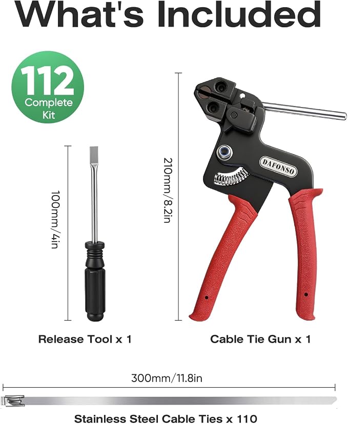 112-Piece Cable Tie Gun Kit, 11.8 Inch 304 Stainless Steel Zip Ties | Includes 110 Metal Zip Ties and Release Tool; Gun Tightens and Cuts for Fence, Exhaust Pipe, Chicken Coop, Farm and Cables