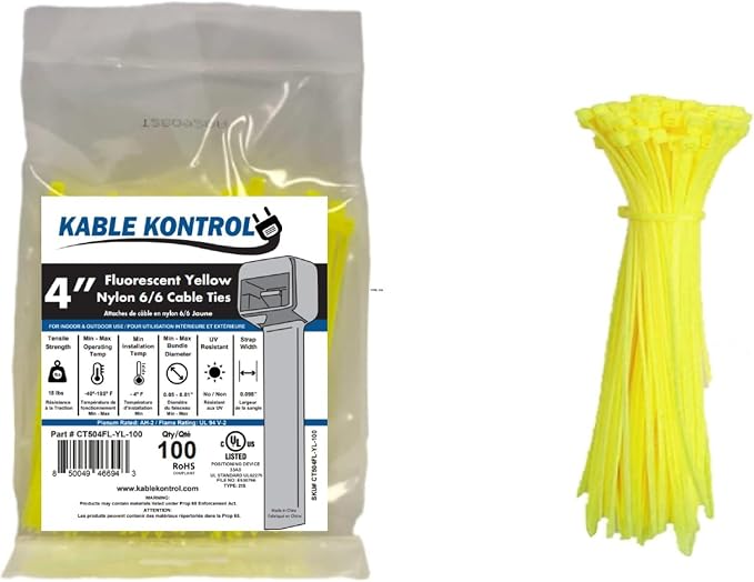 Kable Kontrol Fluorescent Yellow Zip Ties 4 Inch 100 Pcs, 18 Lbs Tensile Strength, Self-locking Nylon Colored Cable Ties Wire Wraps for Indoor or Outdoor Use… | Nylon Plastic, Self Locking, UL Listed, Indoor Use