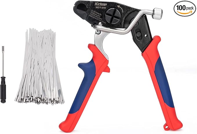 iCrimp One-Handed Zip Tie Gun for Tension & Cutting Zip Ties | Metal Zip Tie Tool with 100pcs 11.8" Metal Cable Ties and Release Tool, WCT-319 Stainless Steel Cable Tie Tool