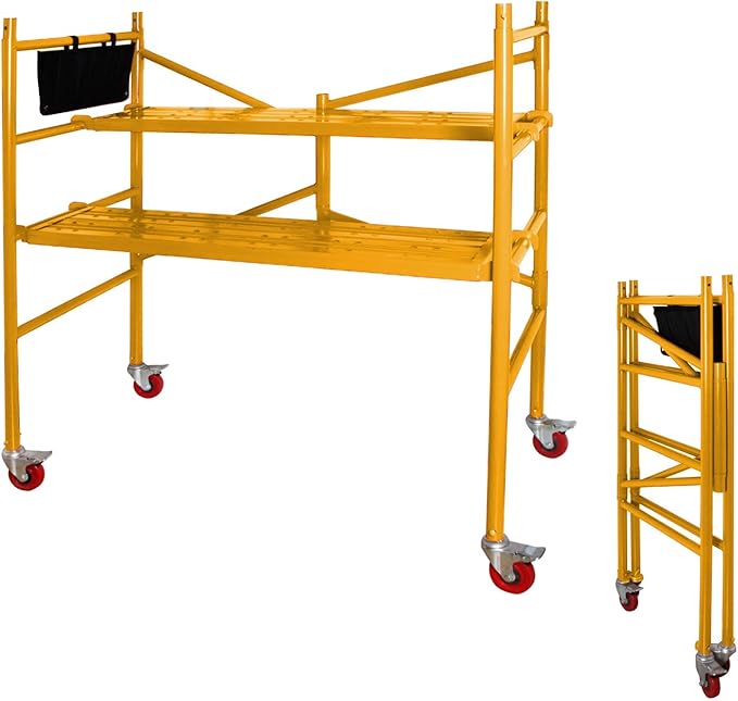 LEADALLWAY Portable Rolling Scaffolding Platform 4 Foot High Mobile Baker Scaffolding 770 LBS Capacity with Locking Wheels and Tool Bag, Yellow