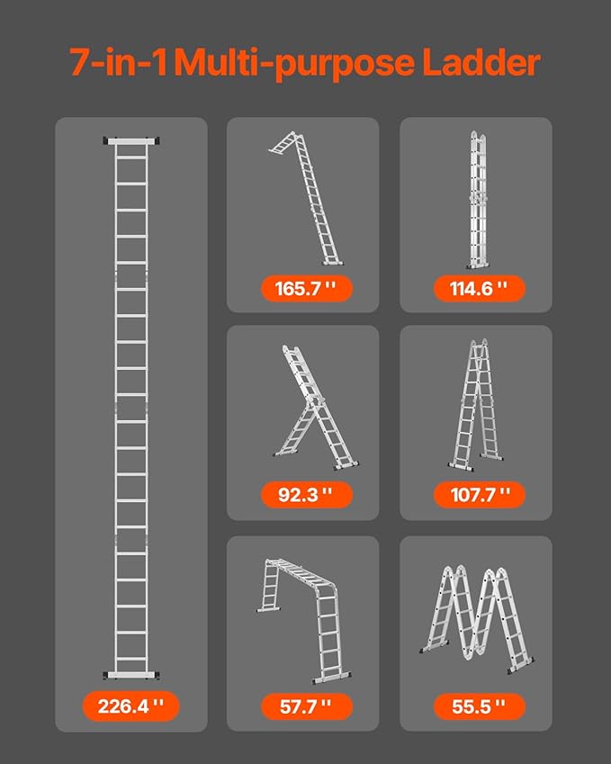 VEVOR Multi-Purpose Folding Ladder, 7-in-1 Tall Extension Step Ladder, A Frame 5 Step Telescoping Ladder, 19ft Reach Height Heavy Duty Adjustable Ladder, 330 lbs Capacity for Home Outdoor Metal