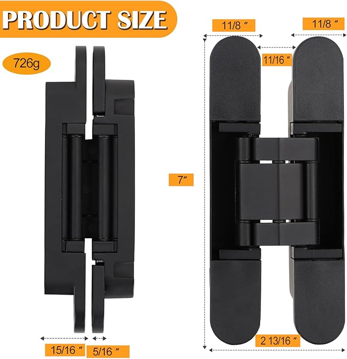 HBL' 2 Pack Hidden Door Hinges, 7 Inch Black Heavy Duty Hidden Hinges for Secret Doors, 3-Way Adjustable to Bulid Conceal Bookcase Door