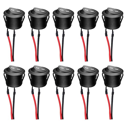 Twidec/10Pcs 12V Round Rocker Switch AC 6A/250V 10A/125V SPST 2 Pin 2 Position On/Off Toggle Switch for Car Boat Automotive RV Black with Pre-soldered Wires KCD1-X-Y