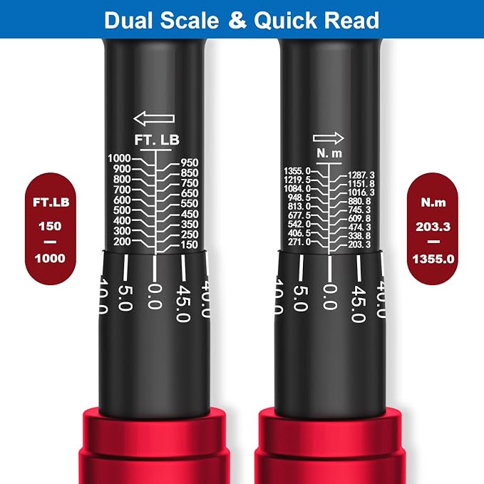 3/4-inch Drive Click Torque Wrench,150-1000ft.lb/203.3-1355Nm | ±3% Accuracy, Heavy Duty Torque Wrench, Professional, Dual Direction, 48-Tooth, for Wind Turbines, Dockyards, Truck Repair