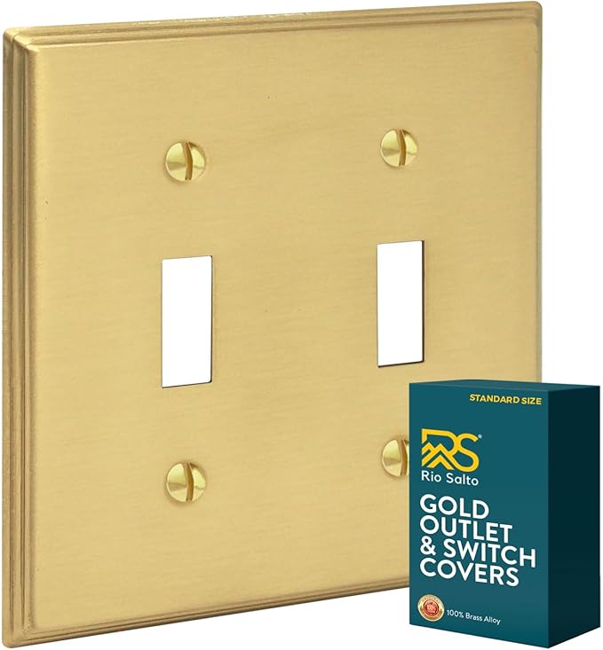 Rio Salto BRASS Double Toggle Light Switch Cover Plate Brushed Gold Metal Toggle Switch Plate Outlet Covers Decorative Wall Plate — Deco Collection 4.50" X 4.56"