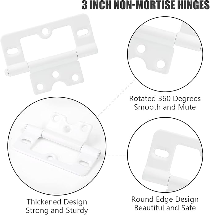 8PCS Non-Mortise Hinges 3 inch White Door Hinges with Mounting Screws, Chest Hinges Heavy Duty Bifold Door Hinges Iron Cabinet Hinges, Precision Butt Hinge for Furniture Windows Cupboard