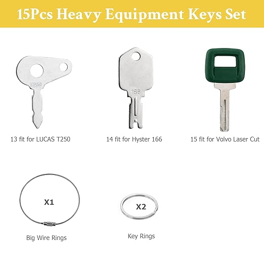 15PCS Heavy Equipment Keys Master Set, Construction Keys for Cat Caterpillar 5P8500 John Deere AT195302 Komatsu 787 Volvo 777 Bobcat D250 JCB 14603 Case S450 Hitachi H800 Hyster 166 Takeuchi H806