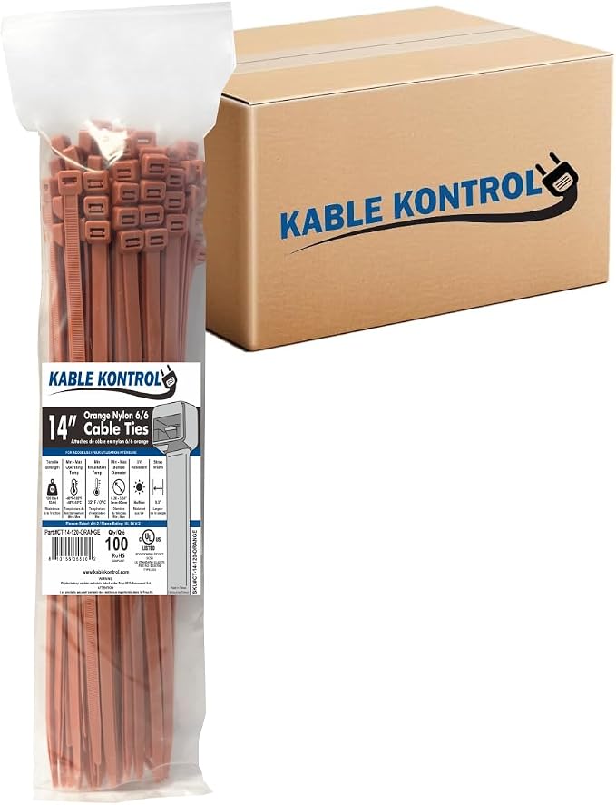 Kable Kontrol Cable Zip Ties, 14 Inch, 3500 Pcs, HD 120lbs Test, Orange | Nylon Plastic, Self Locking, UL Listed, Indoor Use