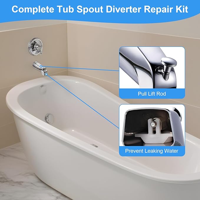 Universal 2 Pcs Tub Spout Diverter Repair Kit, Includes 2 x Diverter Valve Stems, 2 x Gates and 2 x Cup Seals, Bathroom Shower Bathtub Leaky Faucet Repair Replacement Parts (Polished Chrome)