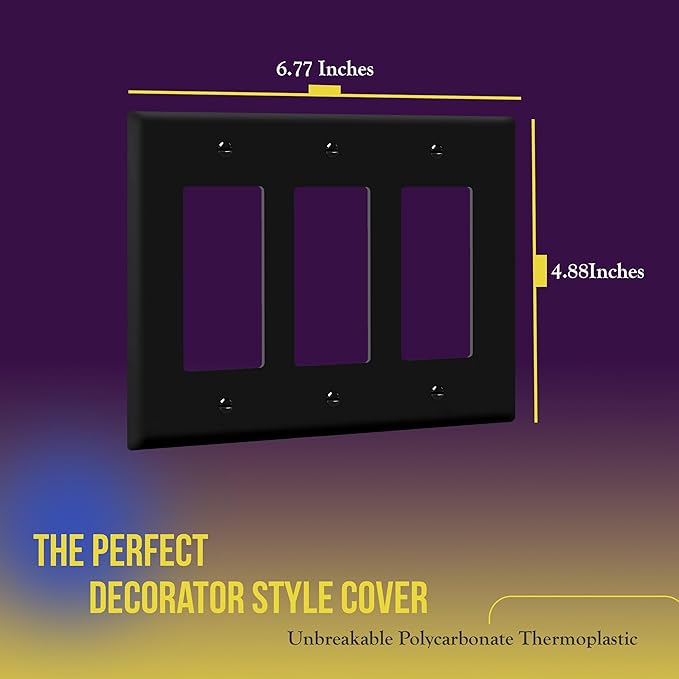 ENERLITES Triple Decorator Switch Cover, Three Outlet Wall Plate, Mid-Size 3-Gang 4.88" x 6.77", Unbreakable Polycarbonate Thermoplastic, UL Listed, 8833M-BK, Black