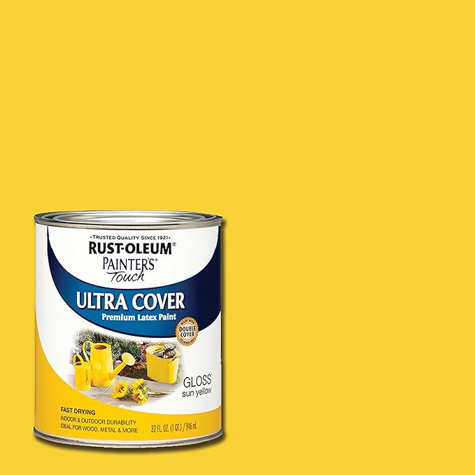 Rust-Oleum 1945502 Painter's Touch Latex Paint, Gloss Sun Yellow, 1 Quarts(Pack of 2)