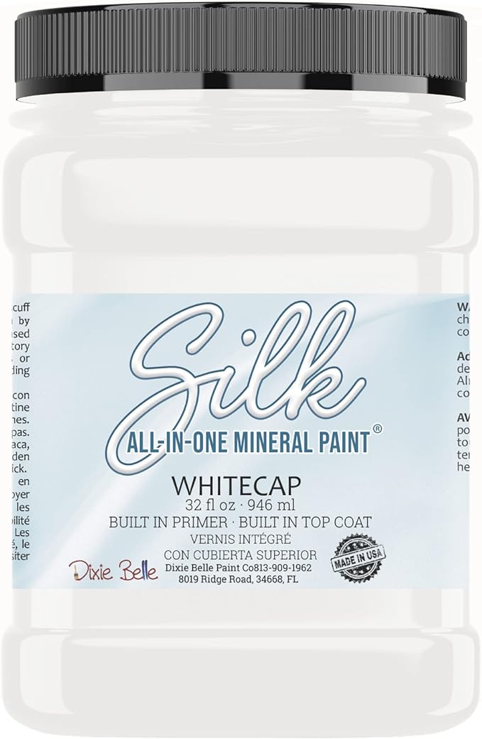 Dixie Belle Silk All-in-One Mineral Paint - Whitecap (32oz) - Bright White Water Based Built-In Primer + Topcoat for Wood + Metal - Durable Furniture Paint - Low Reflective Finish