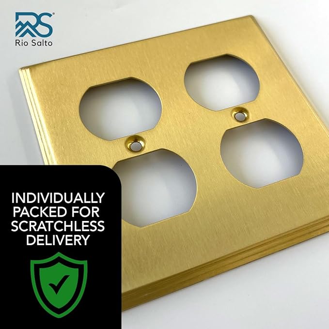 Rio Salto Outlet Covers Duplex Receptacle Wall Plate BRASS 2 Gang Double Outlet Cover Electrical Outlet Cover Brushed Brass Gold Metal Decorative Plates — Deco Collection, Standard Size, 4.50" X 4.56"