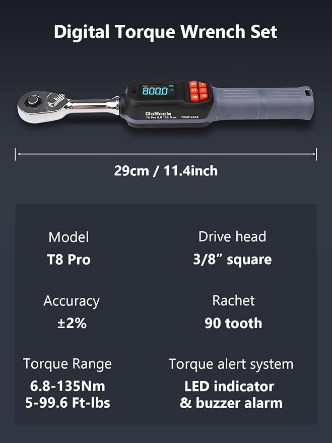 Goseek Digital Torque Wrench 3/8" Drive, 5-99.6Ft.Lb for Engine, Moto, Bike | 90Tooth Dual Direction Rachet Torque Wrench, ±2% Accuracy with LED/Buzzer Alert, Electronic Torque Wrench for Car, Suspension