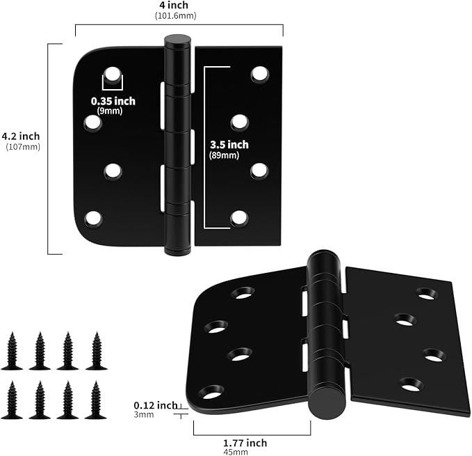 goldenwarm 3 Pack 4'' Matte Black Door Hinges – Ball Bearing 304 Stainless Steel Hinges for Exterior Doors, Square & Round Corners