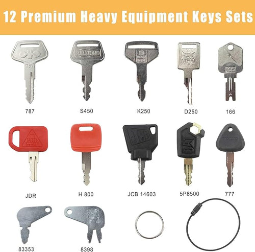 12 Heavy Equipment Key Set Replacement for Caterp-illar JD Bob-cat Hy-Ster Komat-su Forklifts Excavators Ca-se Do-zers