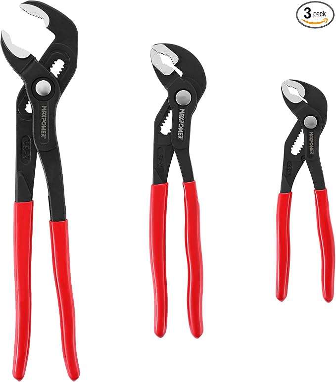 MAXPOWER 7" 10" 12" Water Pump Pliers, Quick Adjustment Push Button Pliers | Jaw Capacity 0.98" 1.4" 1.6", 3-pieces Tongue-and-Groove Pliers Set