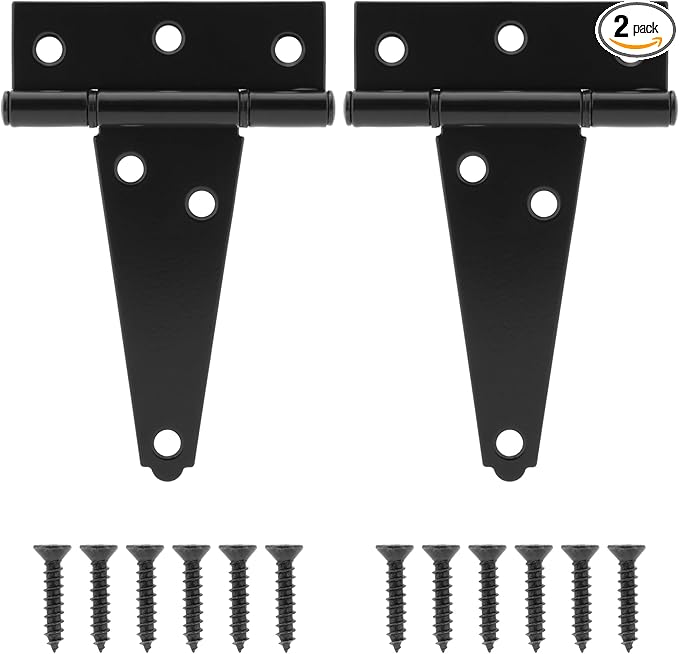 Hillmaster 4 Inch T-Strap Heavy Duty Shed Door Hinges - Black Tee Hinge for Wooden Fences, Shutter, Window, Yard, Barn Door, Outdoor (2 Pack)
