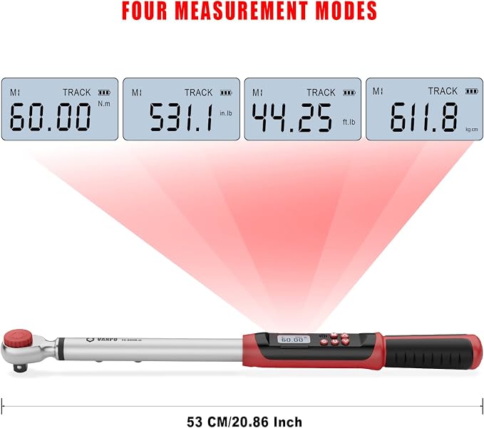 VANPO Digital Torque Wrench 1/2-Inch Drive 7.38-147.5ft-lbs/10-200NM, Dual-Direction Adjustable Electronic Torque Wrench with Preset Value, Buzzer and LED Flash Notification, for Bike Moto Car