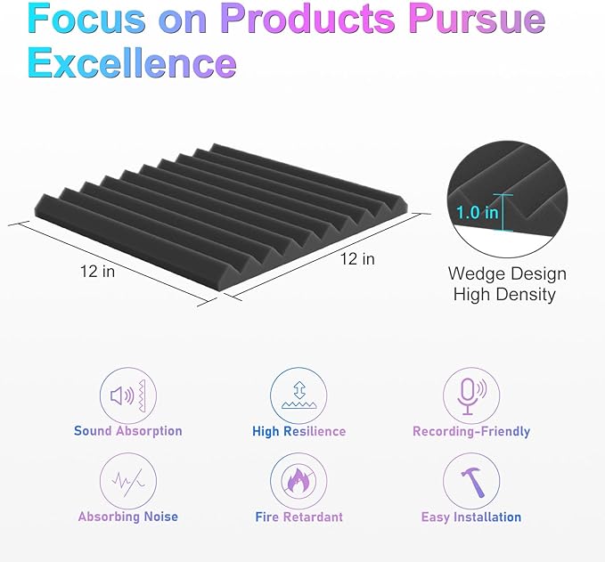 JBER Acoustic Foam Panels, 48 Pack 12x12x1 Inch Upgraded Self-Adhesive Soundproof Wall Panels Sound Absorbing Panel Treatment for Home Office Studio - Black