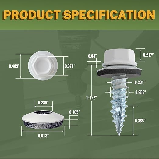 LIONMAX 500-PCS Metal Roofing Screws #14 × 1 Inch, White Painted Hex Head Sheet Metal Screw with Rubber Washer, Sharp Point, for Roofing and Siding, Hex Sockets Included