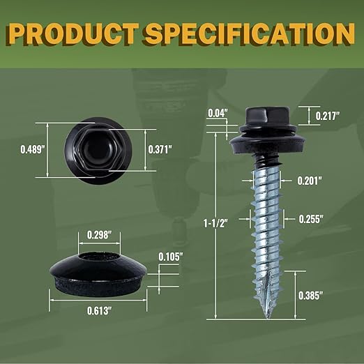 LIONMAX Metal Roofing Screws #14 x 1-1/2 Inch, 300-PCS, Black Painted Hex Head Sheet Metal Roof Screws, Rubber Washer, Sharp Point, Metal to Wood Siding Screws, Hex Socket Included