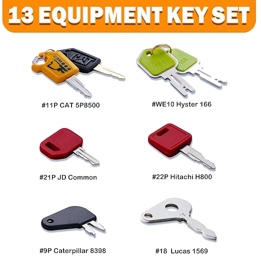 13 Contractors Heavy Equipment Keys Master Set, Construction Agricultural Equipment Ignition Keys for CAT Caterpillar Komatsu JD Lucas New Holland Bobcat JCB Case Hitachi Hyster Takeuchi Kobelco