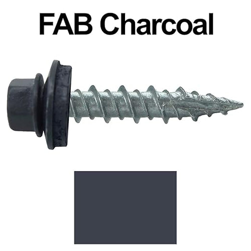 10 x 1 FAB. Charcoal Metal Roofing Screws - Hex Washer Head- Self-Starting/Tapping - EPDM Washer. 10 X 250 Bags - 2,500 Screws