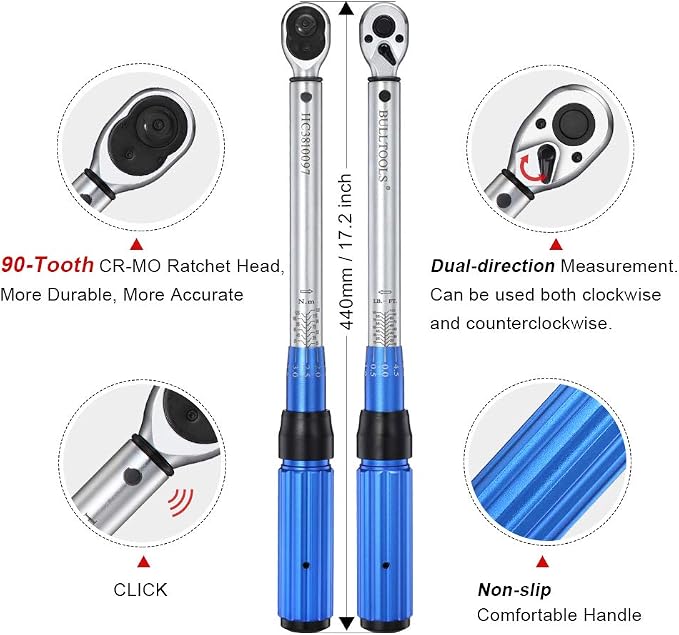BULLTOOLS 3/8-inch Drive Dual-Direction Click Torque Wrench Set 90-tooth High Accuracy Torque Wrench with Buckle (10-100ft.lb/20-135Nm)