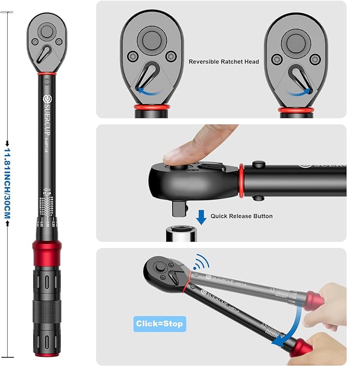 3/8" Click Torque Wrench, 5-45 Ft.Lb, for Bike, Moto, Spark Plugs | 6.8-61Nm, ±3% Accuracy, Dual-Direction Adjustable 72 Tooth, Click Type Torque Wrench, for Oil Drain, Engine Repair & ATV/MTB